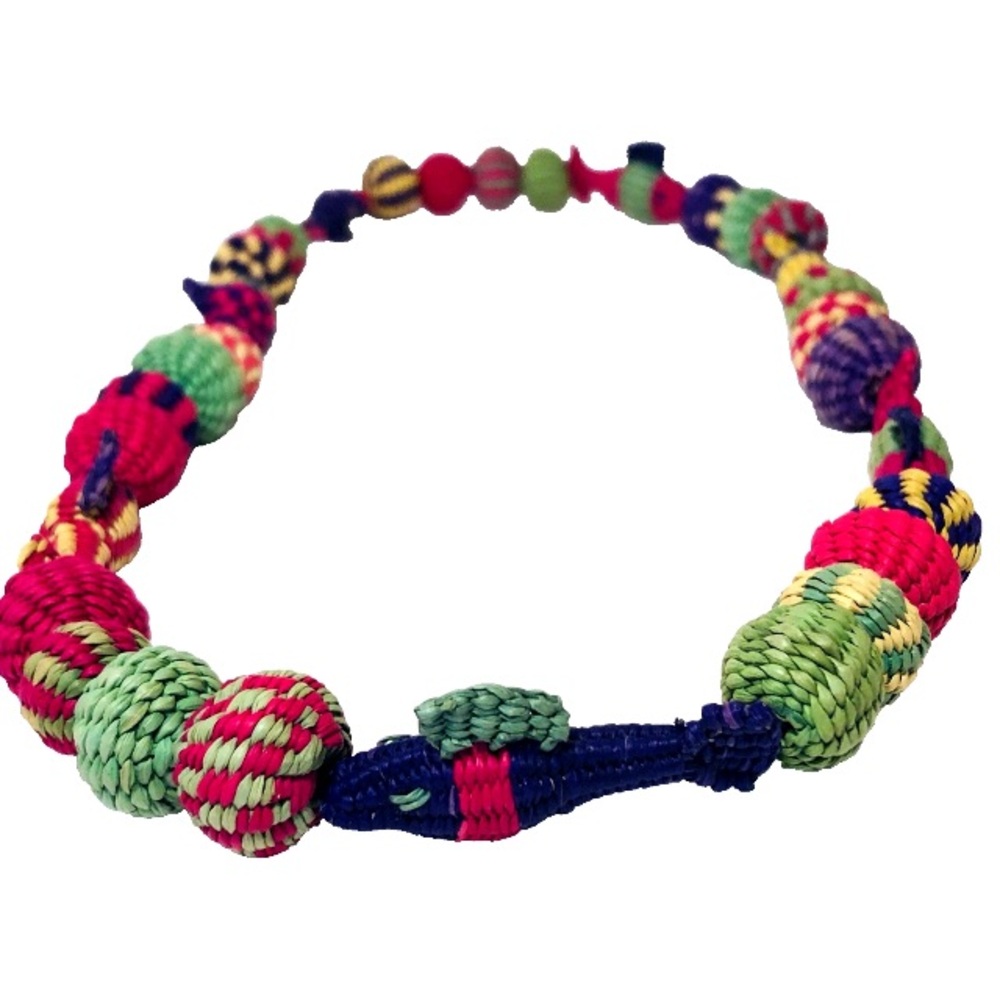 Handcrafted Multicolor Woven Fabric Threads Fish and Beads Folk Art Necklace